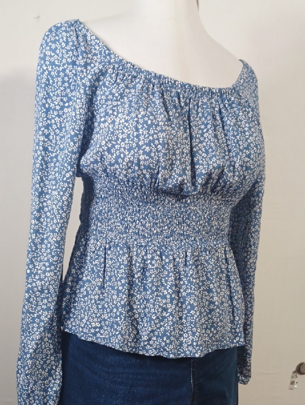 Japna Blue Floral Smocked Peplum Long-Sleeve Top